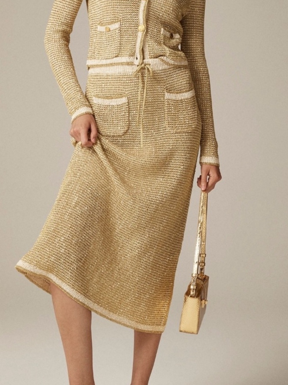 J.Crew GORGEOUS Metallic Gold Knit Cardigan & Midi Skirt Set XS/S